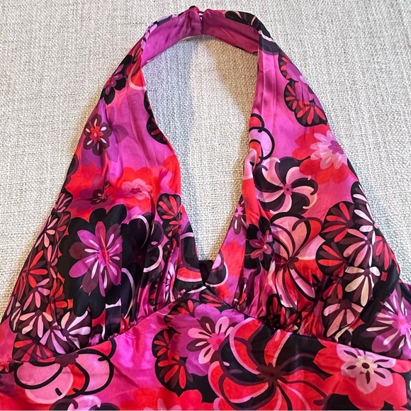 JS COLLECTIONS Pink Purple Floral Silk V-Neck Halter Top Ruched Blouse Women's 6 - Picture 2 of 16